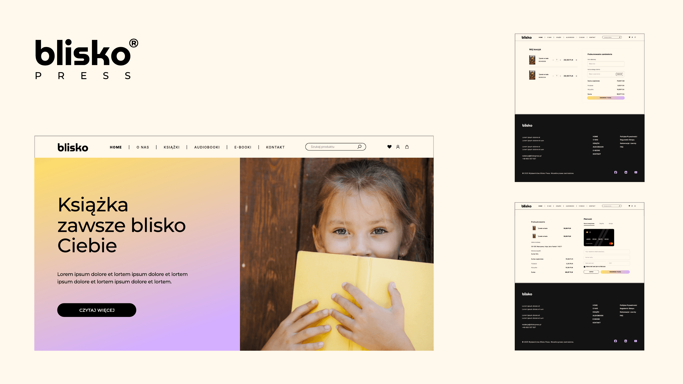 Sklep internetowy Blisko Press - homepage, koszyk, podstrony produktów i footer