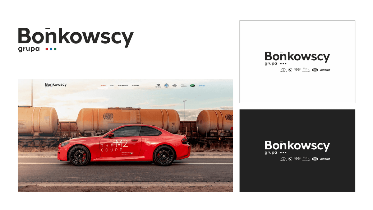 Logotyp Bońkowscy grupa w wariantach jasnym i ciemnym oraz strona główna grupy