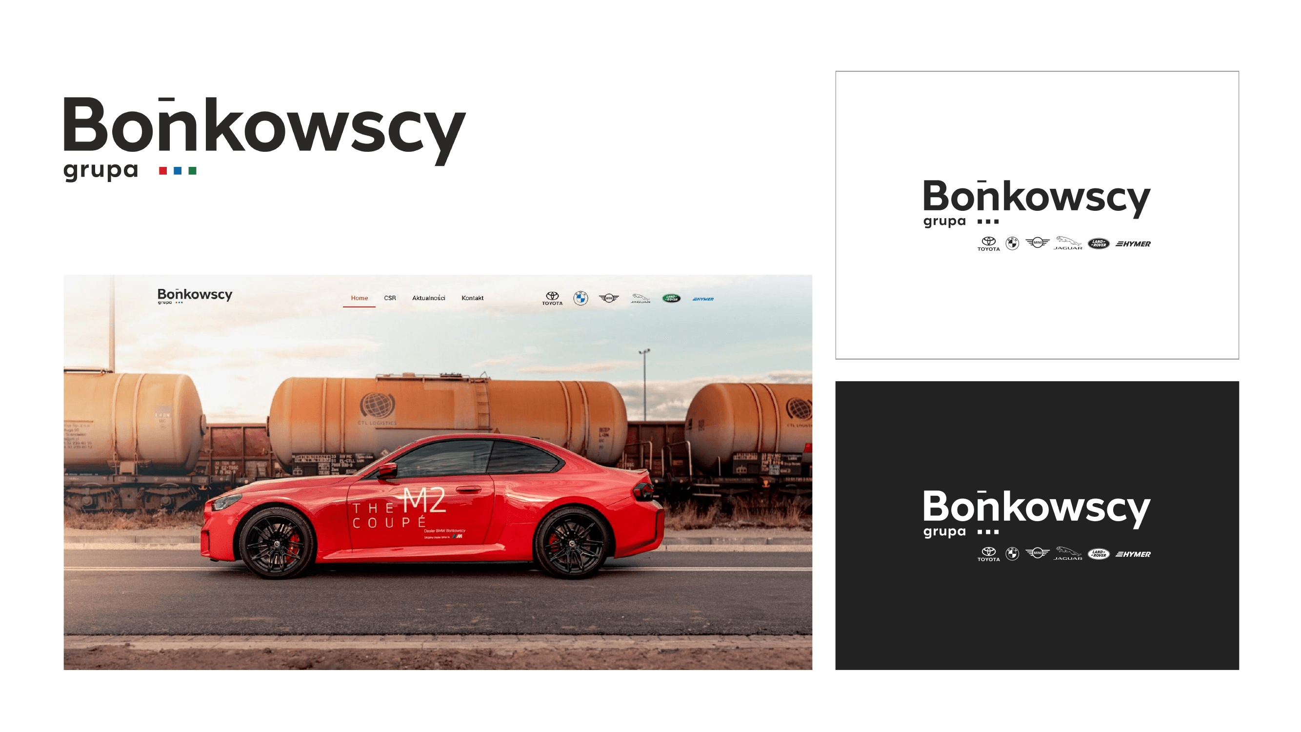 Logotyp Bońkowscy grupa w wariantach jasnym i ciemnym oraz strona główna grupy