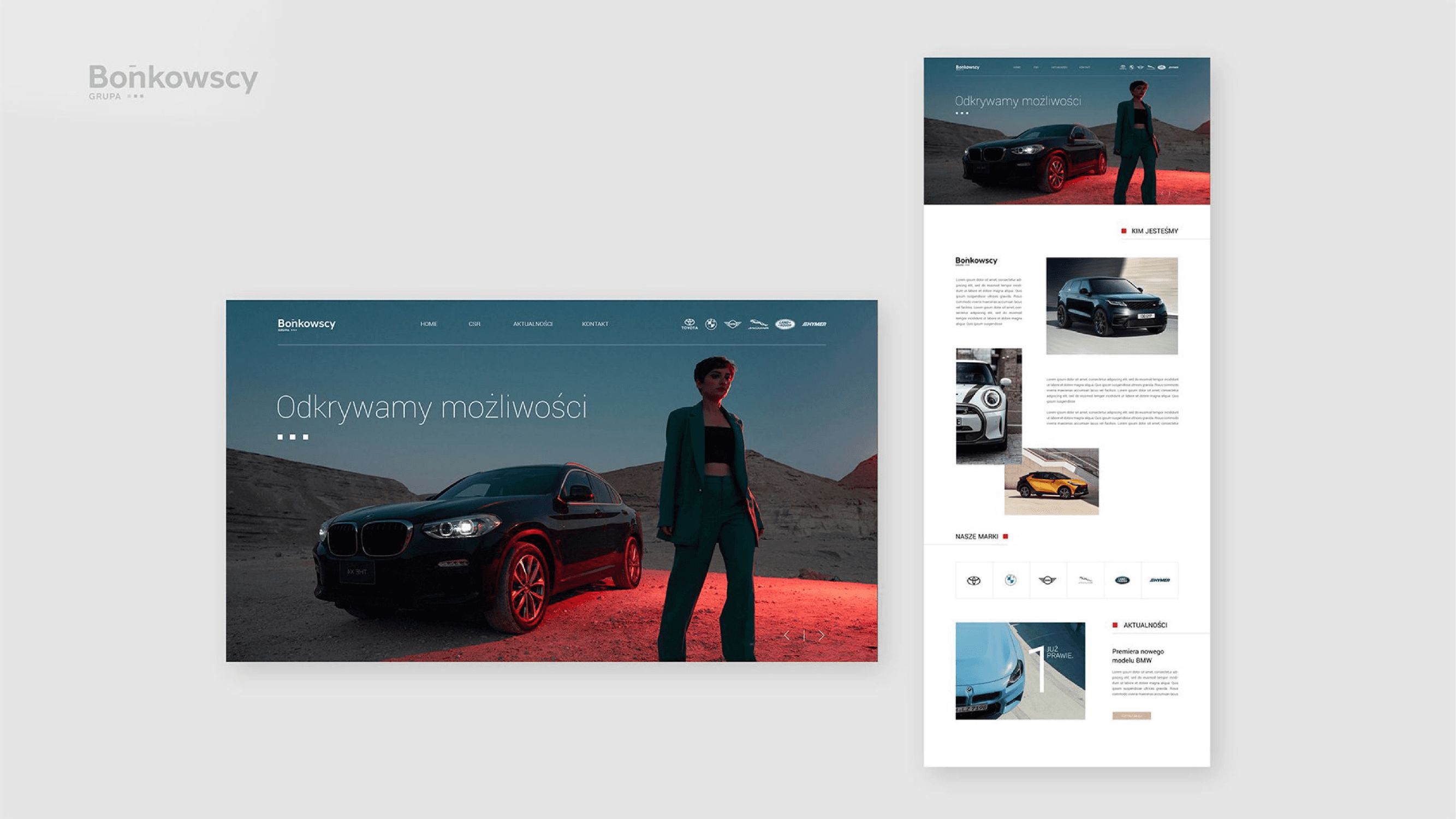Strona grupy Bońkowscy - hero Odkrywamy możliwości z BMW X, widok desktop i mobile