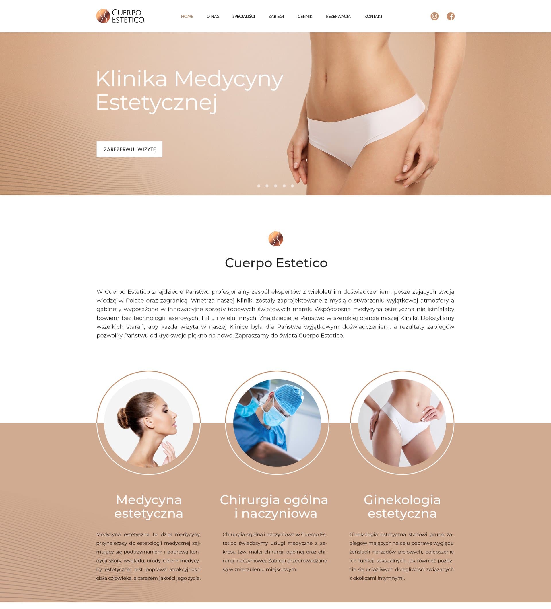 Strona Cuerpo Estetico - hero kliniki z CTA rezerwacji wizyty i specjalizacjami