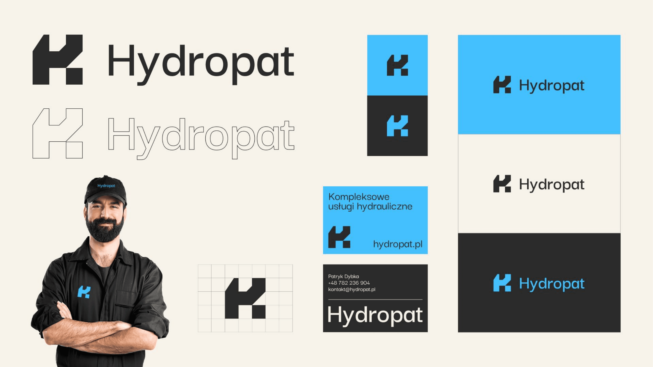 Identyfikacja wizualna Hydropat - logotyp, warianty, wizytówki i odzież robocza