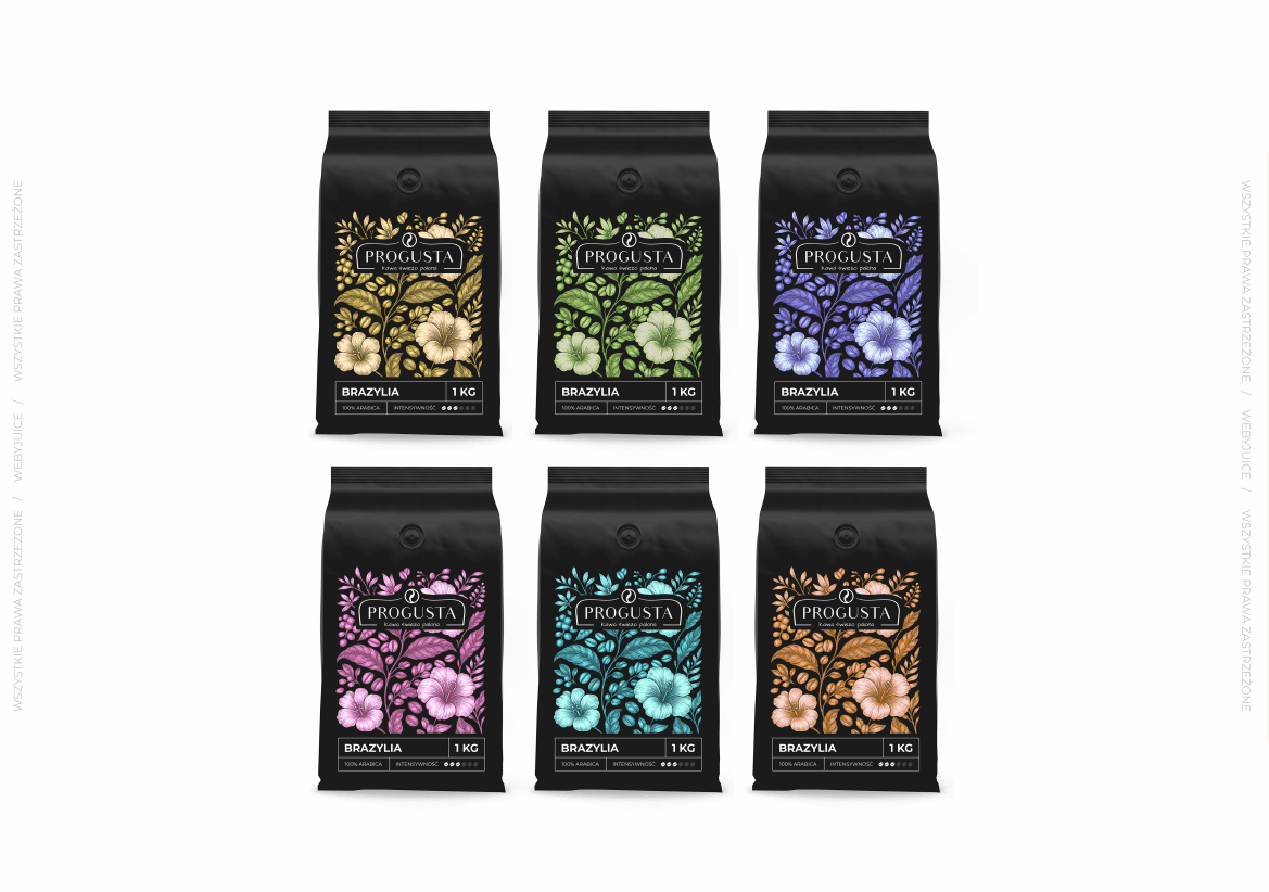 Sześć wariantów kolorystycznych opakowań BRAZYLIA 1 KG