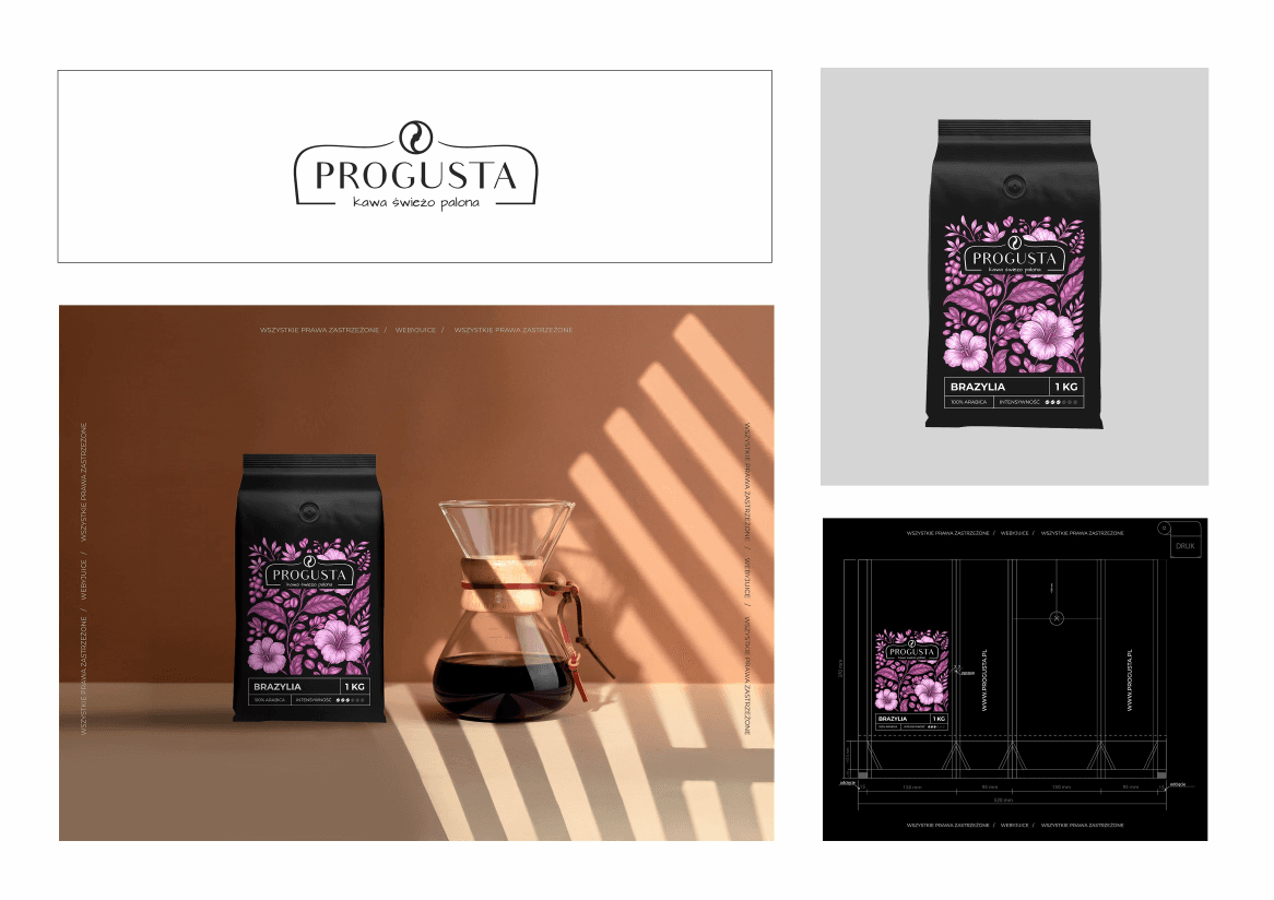 Logotyp, mockup lifestyle z Chemex i plansza drukarska