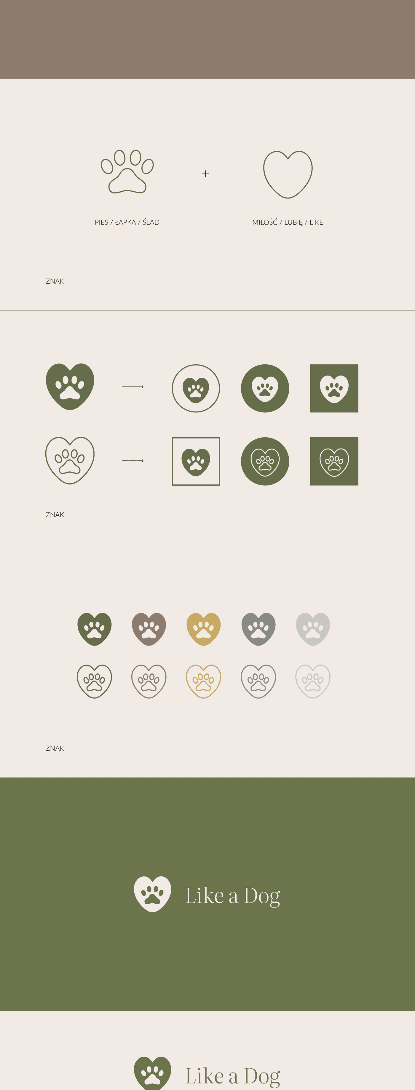 Budowa znaku - łapka + serce = ikona, warianty kolorystyczne i pełny logotyp