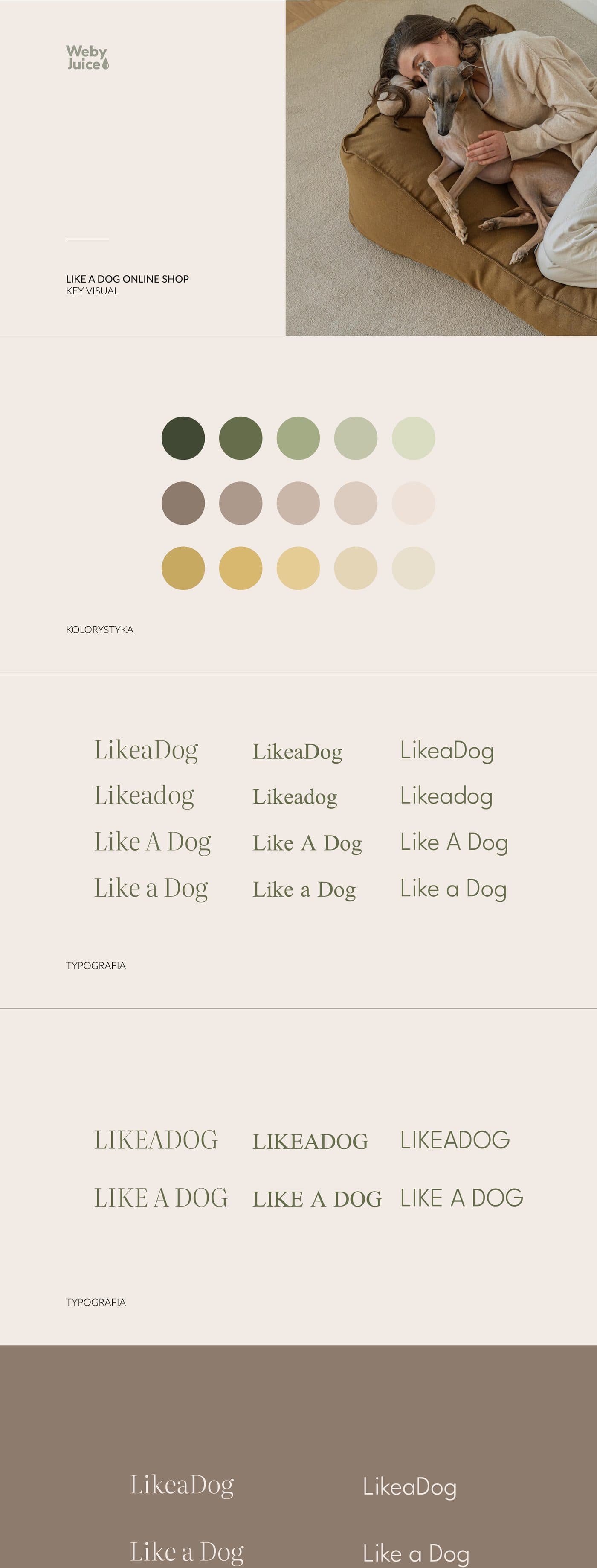 Key visual Like A Dog - paleta kolorów, typografia i zdjęcie z greyhoundem