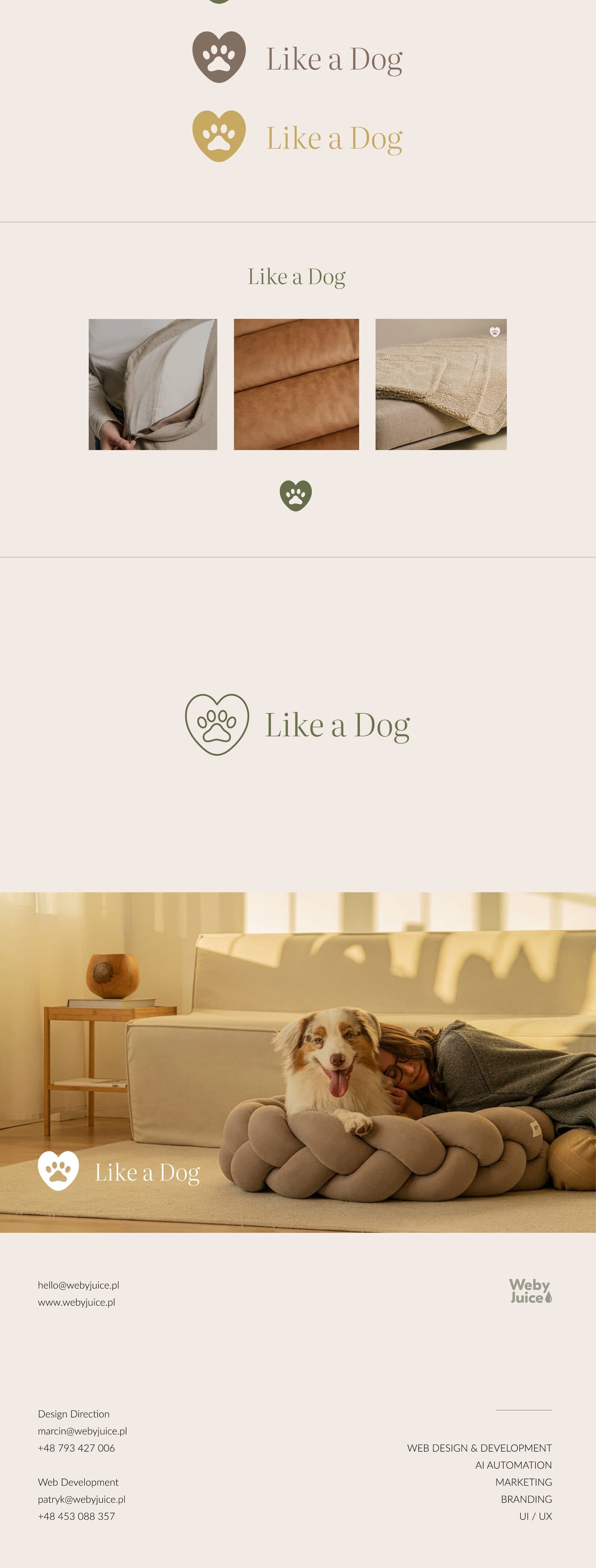 Mockupy marki - warianty logotypu, tkaniny i lifestyle z border collie