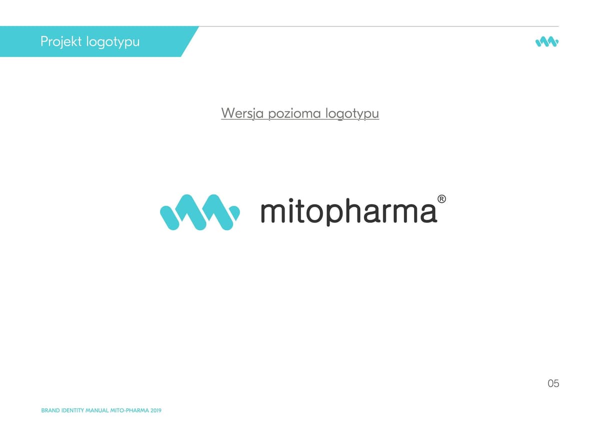 Strona brandbooka z siatką konstrukcyjną i wariantami logo Mitopharma