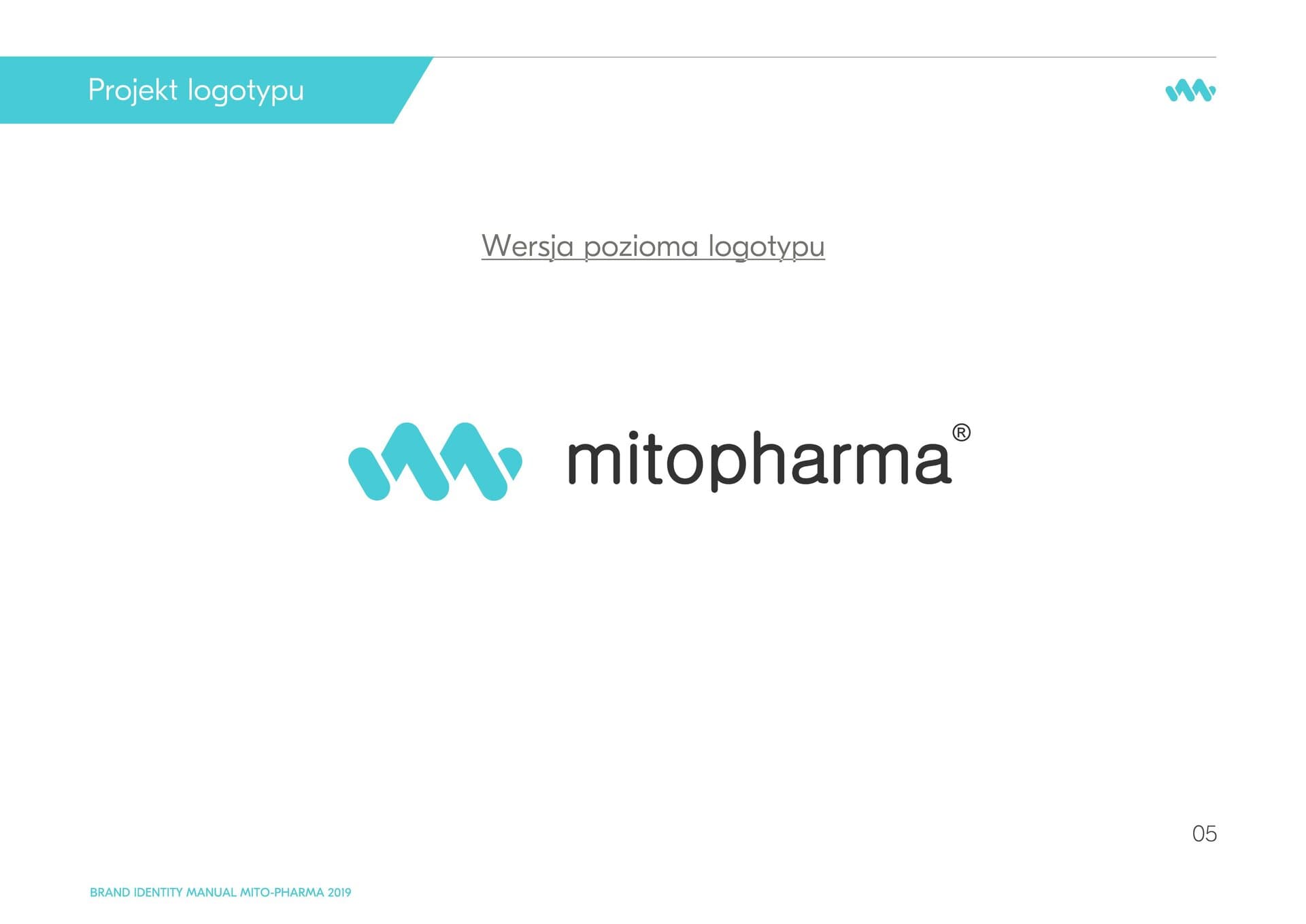 Strona brandbooka z siatką konstrukcyjną i wariantami logo Mitopharma