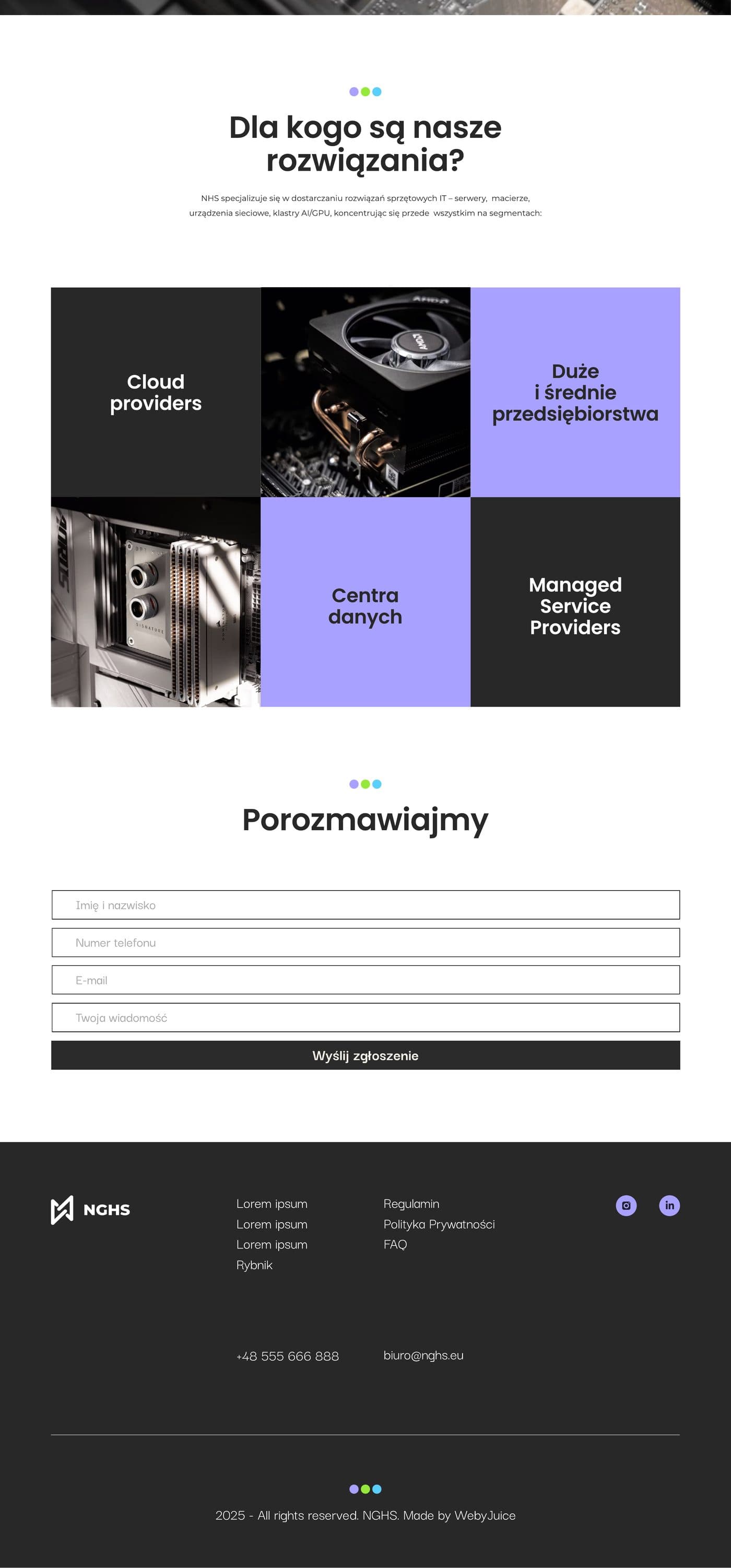 Segmentacja klientów, formularz kontaktowy i stopka NGHS