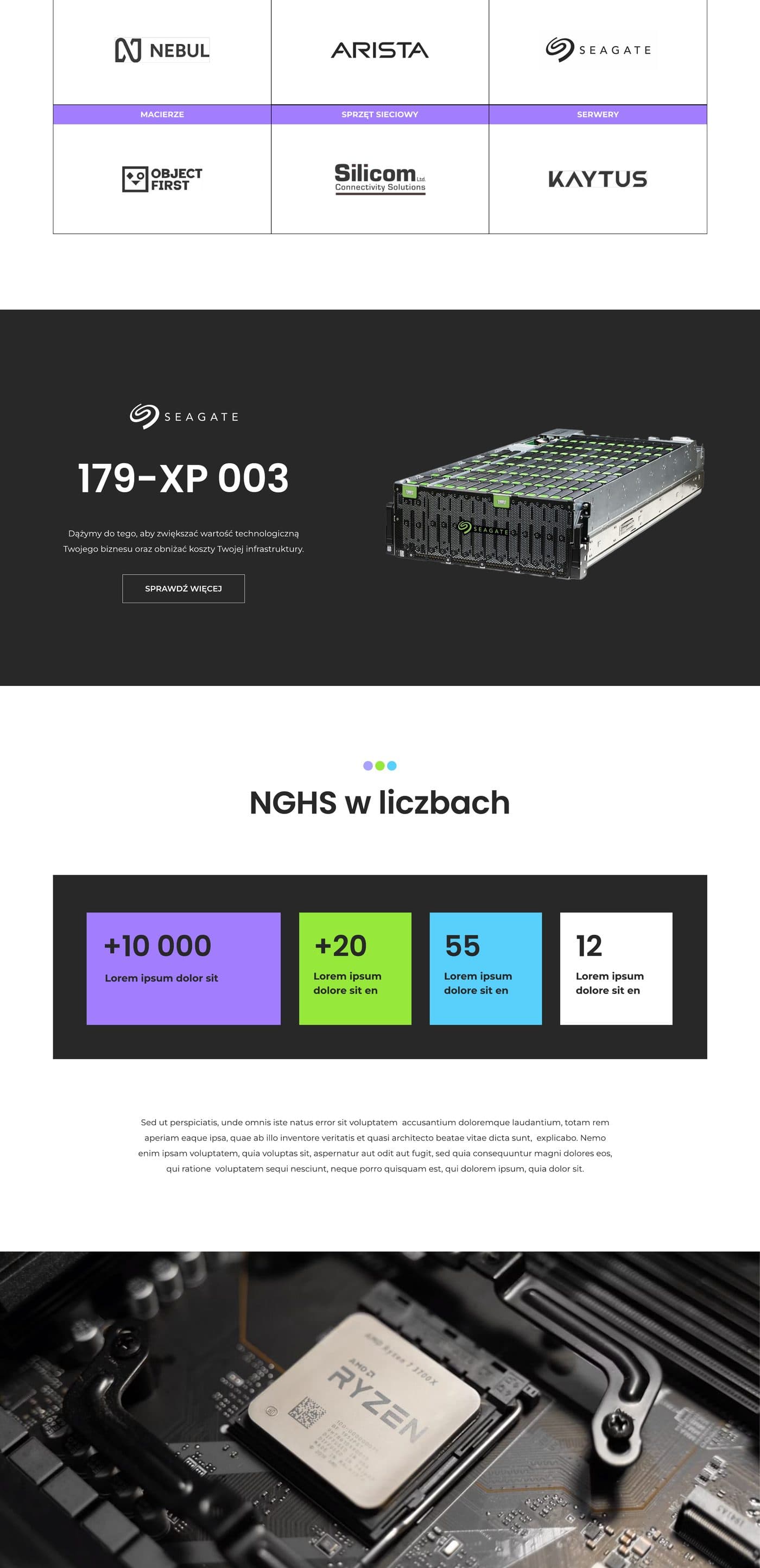 Logotypy producentów, macierz Seagate i NGHS w liczbach