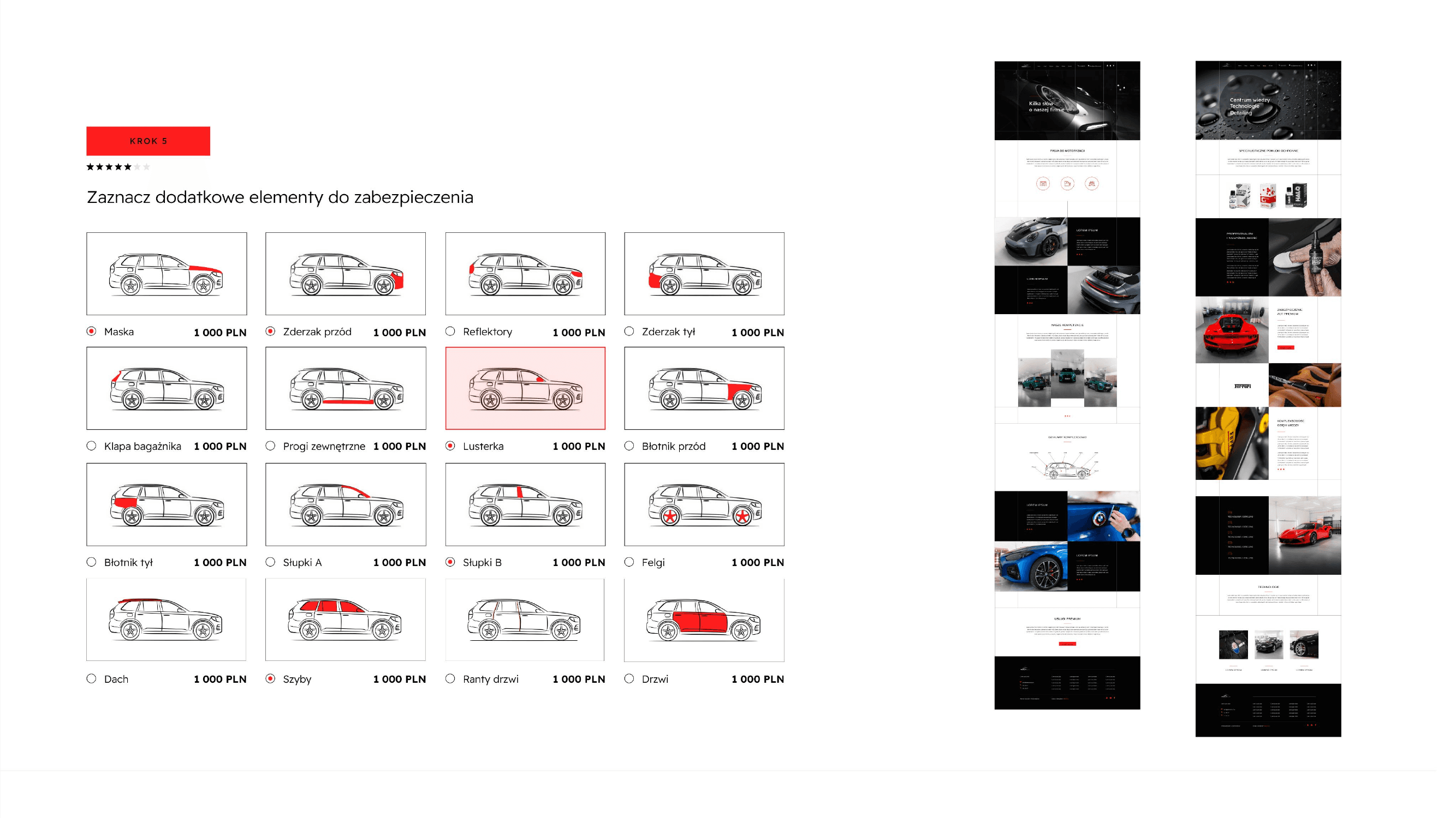 Interaktywny konfigurator zabezpieczeń - kalkulator wyceny z diagramem pojazdu