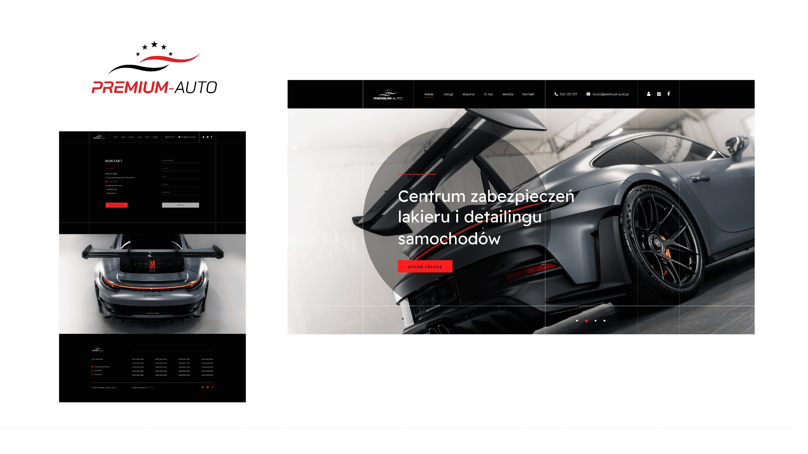 Strona internetowa Premium-Auto - hero z Porsche, katalog usług i konfigurator wyceny