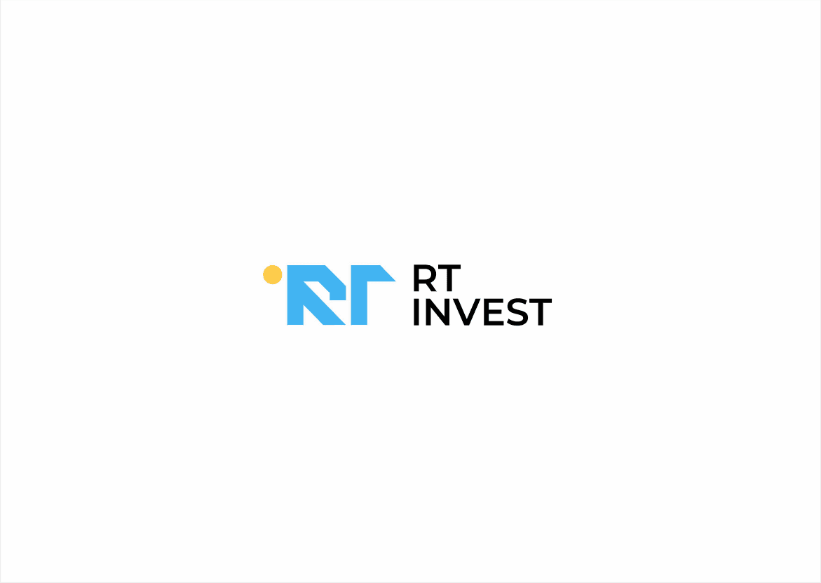 Logotyp RT Invest - niebieski sygnet z żółtą kropką i czarna typografia