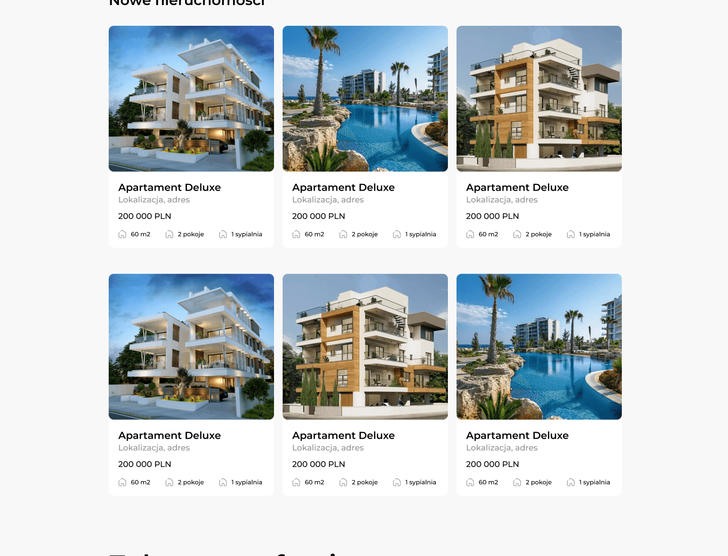 Siatka 6 kart nieruchomości z cenami, zdjęciami i parametrami