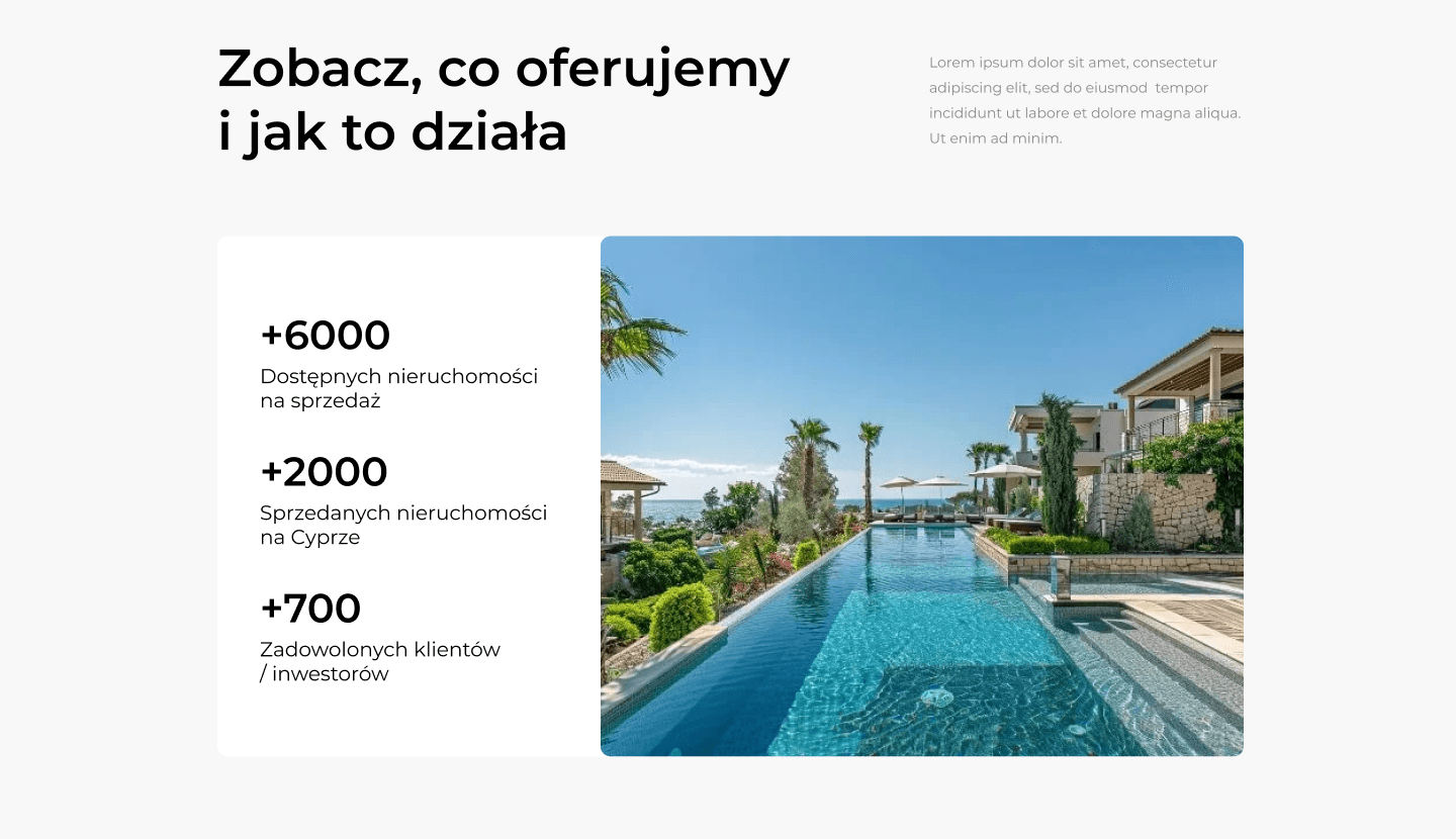 Sekcja oferty RT Invest - statystyki +6000 nieruchomości i zdjęcie basenu