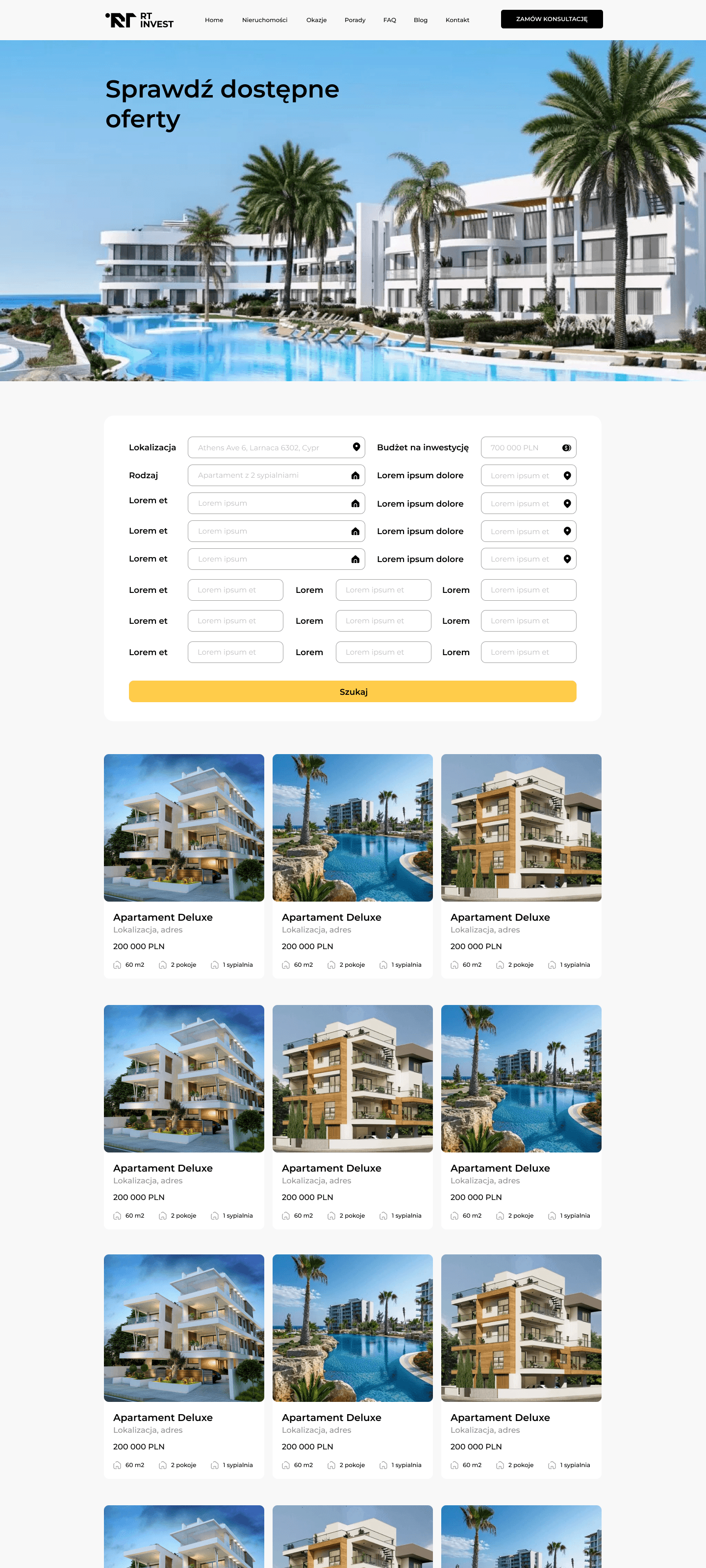 Wyszukiwarka nieruchomości z filtrami i siatka ofert apartamentów