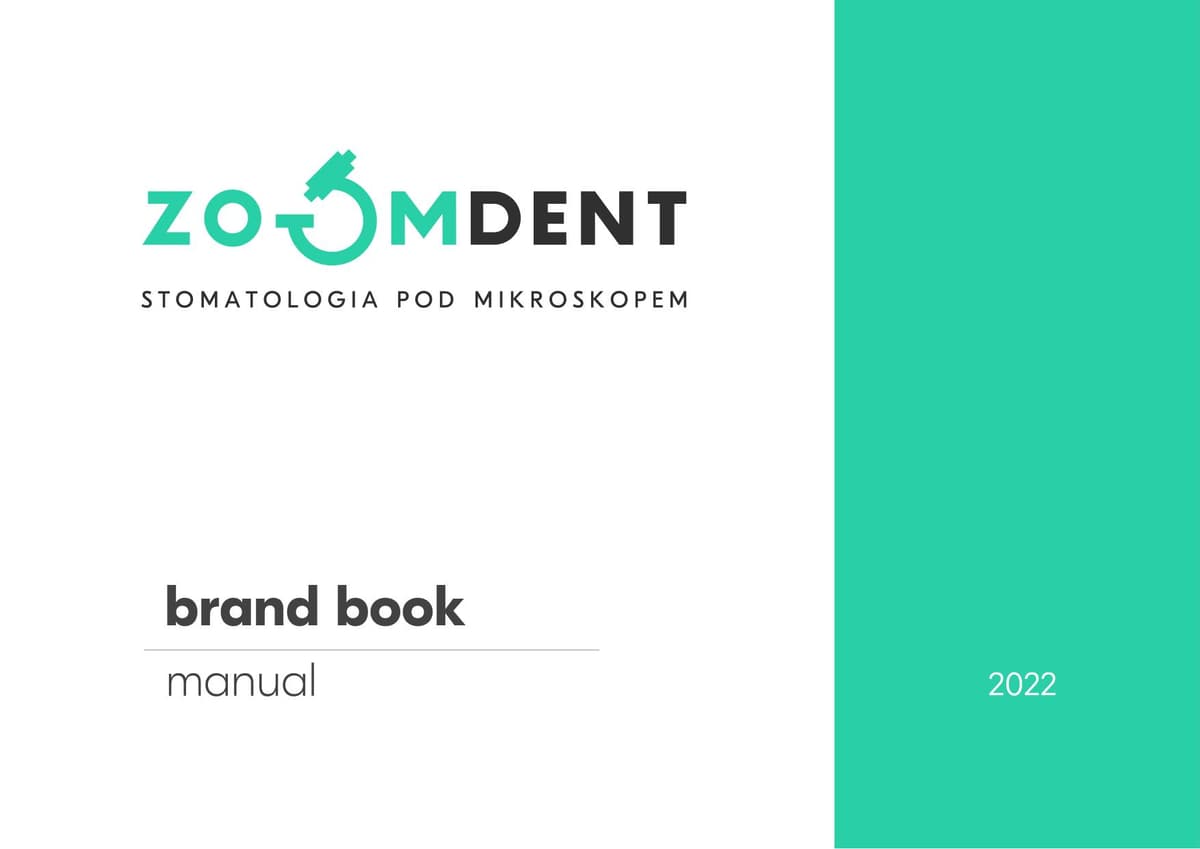 Okładka księgi znaku ZoomDent - logotyp z symbolem mikroskopu i zielonym akcentem