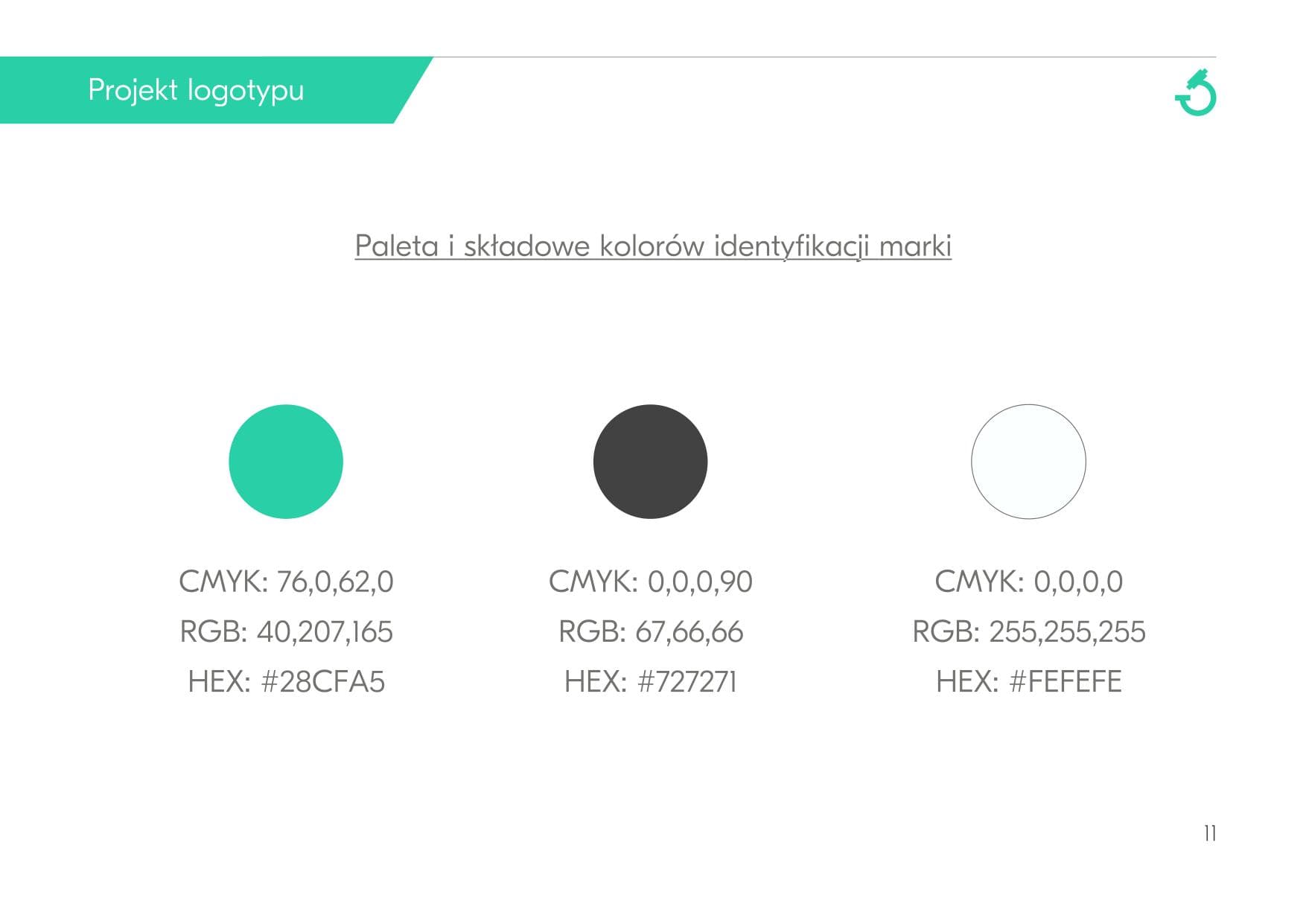 Paleta kolorów identyfikacji ZoomDent - zieleń #28CFA5, ciemna szarość #727271, biel